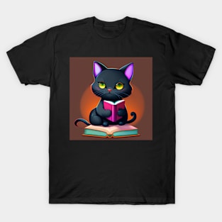 Black Cat Reading A Book T-Shirt